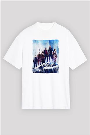 Jumanji Baskılı Beyaz Unisex Oversize Tişört - Tshirt
