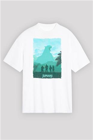 Jumanji Baskılı Beyaz Unisex Oversize Tişört - Tshirt