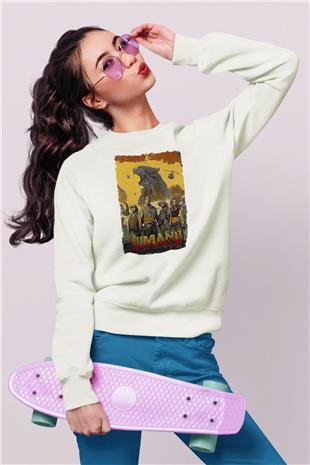 Jumanji Baskılı Beyaz Unisex Sweatshirt