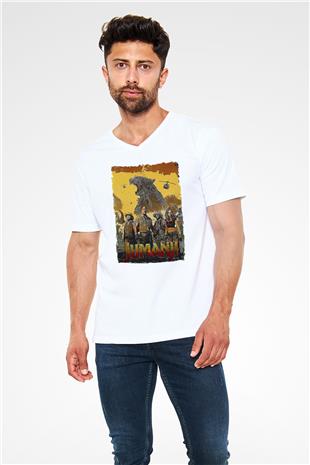 Jumanji Baskılı Beyaz Unisex V Yaka Tişört - Tshirt