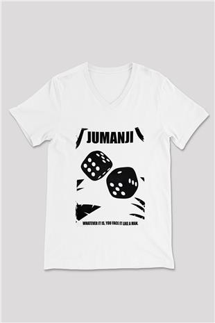 Jumanji Baskılı Beyaz Unisex V Yaka Tişört - Tshirt
