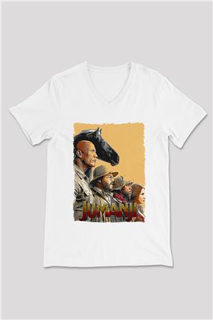 Jumanji Baskılı Beyaz Unisex V Yaka Tişört - Tshirt