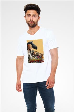 Jumanji Baskılı Beyaz Unisex V Yaka Tişört - Tshirt