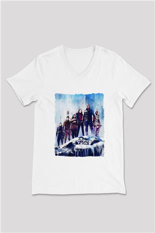 Jumanji Baskılı Beyaz Unisex V Yaka Tişört - Tshirt