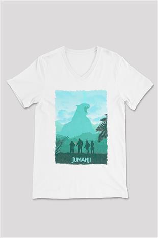 Jumanji Baskılı Beyaz Unisex V Yaka Tişört - Tshirt