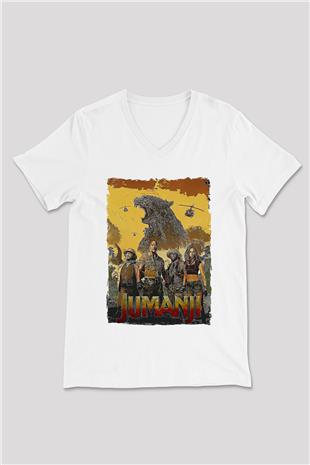Jumanji Baskılı Beyaz Unisex V Yaka Tişört - Tshirt