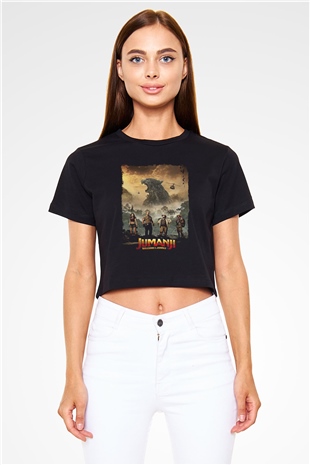 Jumanji Baskılı Siyah Crop Top Kadın Tişört - Tshirt