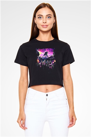 Jumanji Baskılı Siyah Crop Top Kadın Tişört - Tshirt