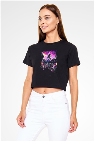 Jumanji Baskılı Siyah Crop Top Kadın Tişört - Tshirt
