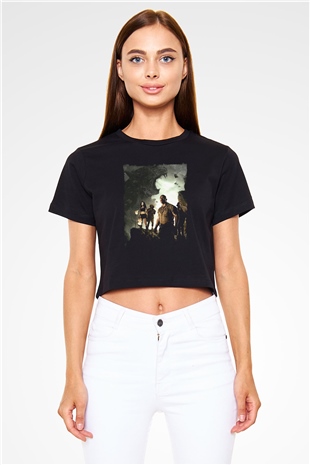 Jumanji Baskılı Siyah Crop Top Kadın Tişört - Tshirt