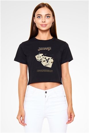 Jumanji Baskılı Siyah Crop Top Kadın Tişört - Tshirt