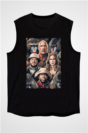 Jumanji Baskılı Unisex Siyah Kolsuz Tişört - Tshirt
