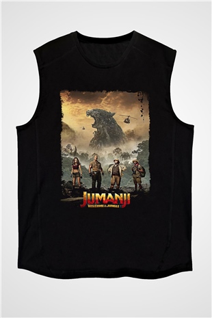 Jumanji Baskılı Unisex Siyah Kolsuz Tişört - Tshirt
