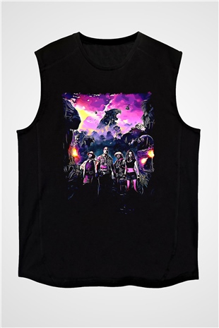 Jumanji Baskılı Unisex Siyah Kolsuz Tişört - Tshirt