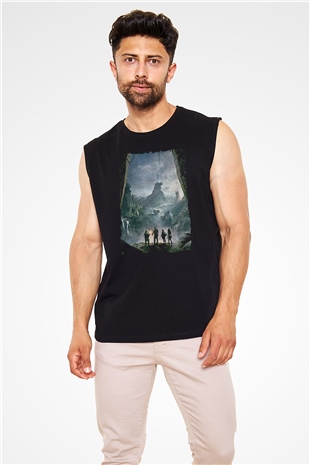 Jumanji Baskılı Unisex Siyah Kolsuz Tişört - Tshirt