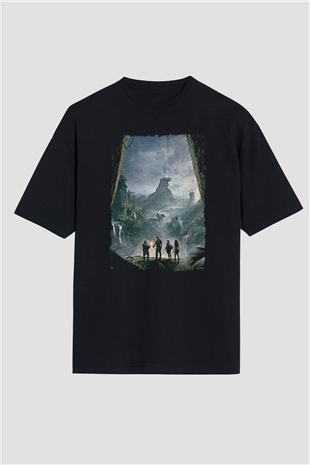 Jumanji Baskılı Unisex Siyah Oversize Tişört - Tshirt
