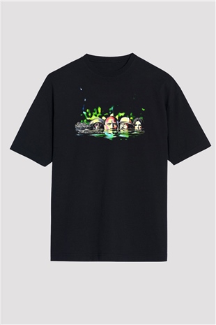 Jumanji Baskılı Unisex Siyah Oversize Tişört - Tshirt