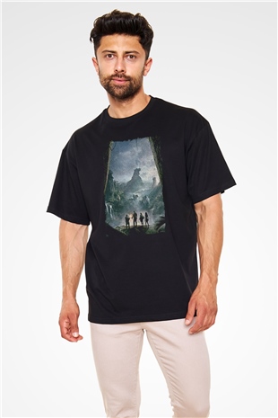 Jumanji Baskılı Unisex Siyah Oversize Tişört - Tshirt