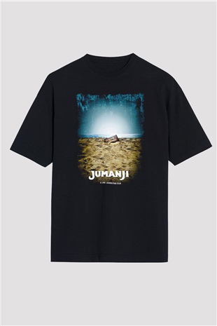 Jumanji Baskılı Unisex Siyah Oversize Tişört - Tshirt