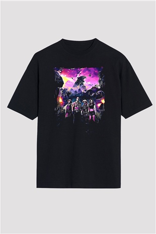 Jumanji Baskılı Unisex Siyah Oversize Tişört - Tshirt