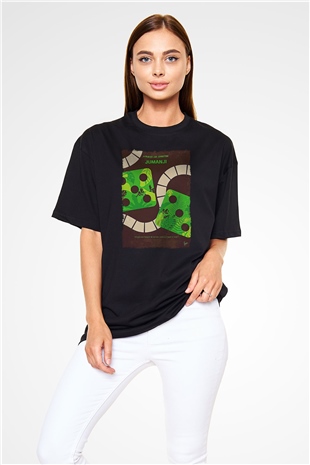 Jumanji Baskılı Unisex Siyah Oversize Tişört - Tshirt