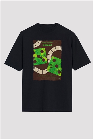 Jumanji Baskılı Unisex Siyah Oversize Tişört - Tshirt