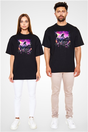 Jumanji Baskılı Unisex Siyah Oversize Tişört - Tshirt