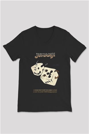 Jumanji Baskılı Unisex Siyah V Yaka Tişört - Tshirt