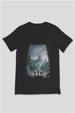 Jumanji Baskılı Unisex Siyah V Yaka Tişört - Tshirt