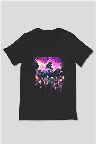 Jumanji Baskılı Unisex Siyah V Yaka Tişört - Tshirt