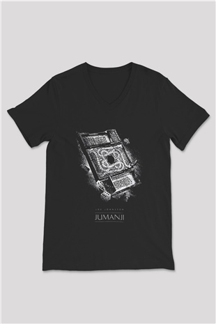 Jumanji Baskılı Unisex Siyah V Yaka Tişört - Tshirt