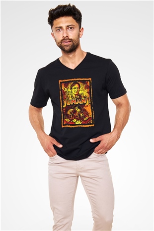 Jumanji Baskılı Unisex Siyah V Yaka Tişört - Tshirt
