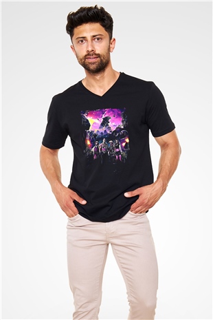 Jumanji Baskılı Unisex Siyah V Yaka Tişört - Tshirt