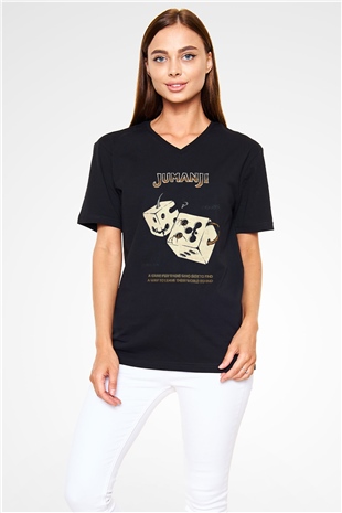 Jumanji Baskılı Unisex Siyah V Yaka Tişört - Tshirt
