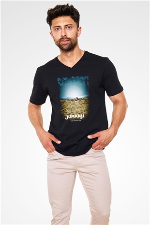 Jumanji Baskılı Unisex Siyah V Yaka Tişört - Tshirt