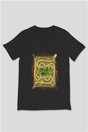 Jumanji Baskılı Unisex Siyah V Yaka Tişört - Tshirt