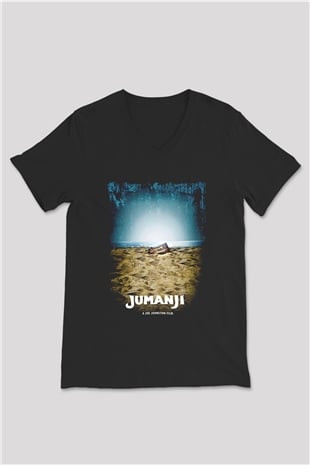 Jumanji Baskılı Unisex Siyah V Yaka Tişört - Tshirt