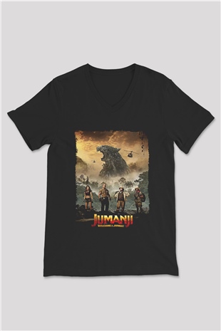 Jumanji Baskılı Unisex Siyah V Yaka Tişört - Tshirt