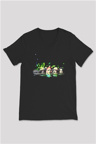 Jumanji Baskılı Unisex Siyah V Yaka Tişört - Tshirt