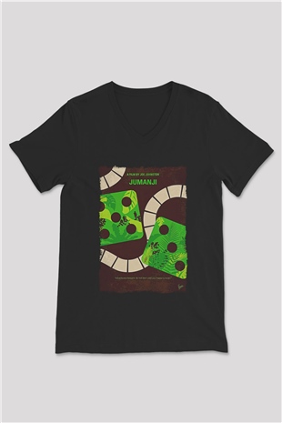 Jumanji Baskılı Unisex Siyah V Yaka Tişört - Tshirt
