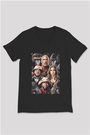 Jumanji Baskılı Unisex Siyah V Yaka Tişört - Tshirt