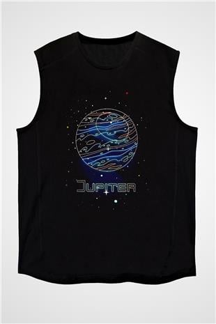 Jüpiter Çizim Baskılı Unisex Kolsuz Siyah Tişört - Tshirt