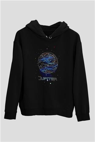 Jüpiter Çizim Baskılı Unisex Siyah Hoodie