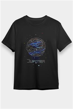 Jüpiter Çizim Baskılı Unisex Siyah Tişört - Tshirt