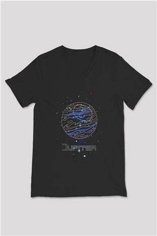 Jüpiter Çizim Baskılı Unisex V Yaka Siyah Tİşört - Tshirt