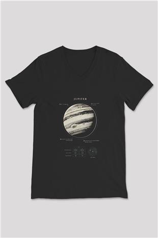 Jüpiter Fiziksel Özellikleri Baskılı Unisex V Yaka Siyah Tİşört - Tshirt