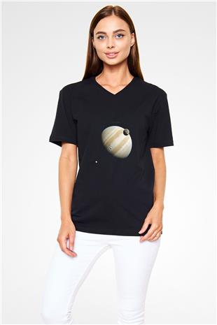 Jüpiter Fotoğraf Baskılı Unisex V Yaka Siyah Tİşört - Tshirt