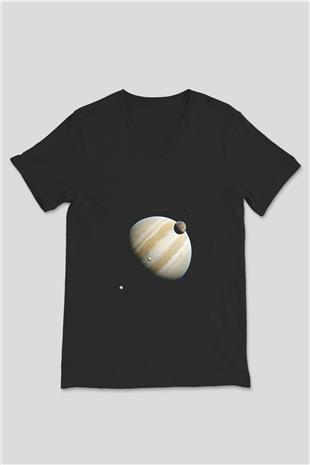 Jüpiter Fotoğraf Baskılı Unisex V Yaka Siyah Tİşört - Tshirt