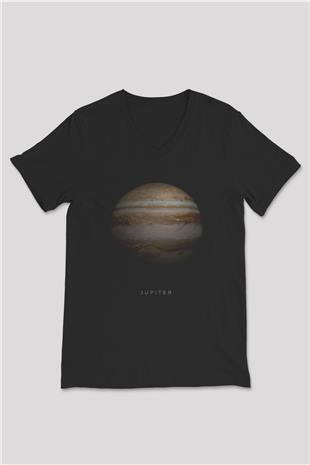 Jüpiter Gezegeni Baskılı Unisex V Yaka Siyah Tİşört - Tshirt