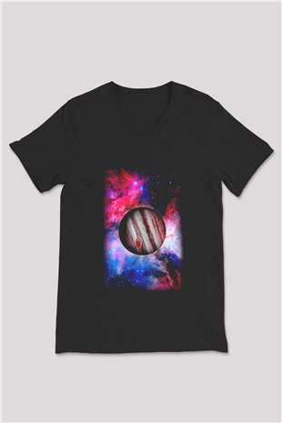 Jüpiter Siyah Unisex V Yaka Tişört T-Shirt
